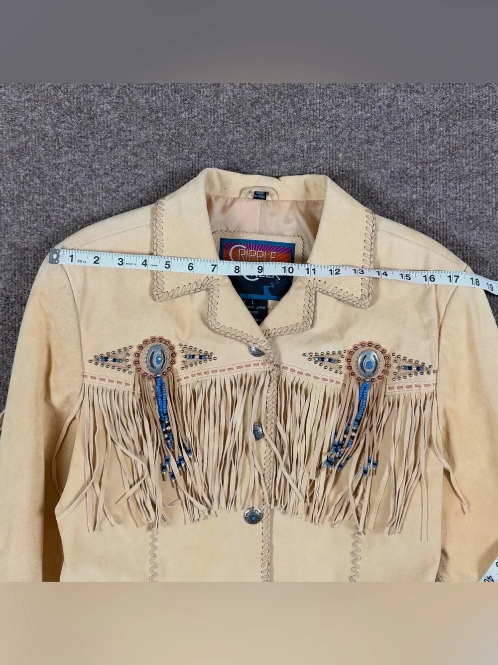 Cripple Creek Tan Suede Leather Fringe Western Jacket Womens L Beaded Medallions - Picture 13 of 15